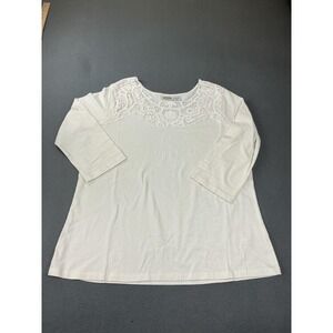 Collections Etc. Blouse Womens XL White Tunic Crochet 3/4 Sleeve Pullover
